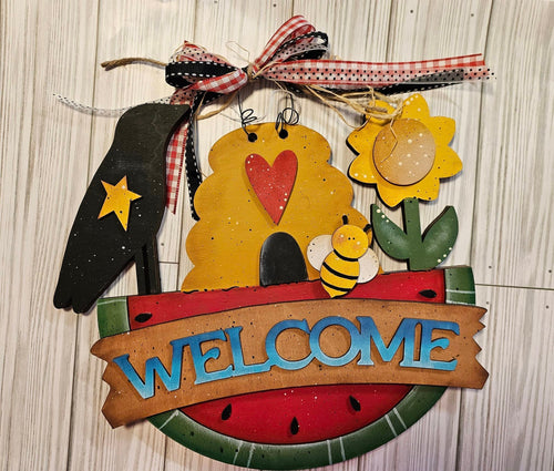 Welcome Watermelon sign with Crow, Flower and Beehive. Finished/Ready to ship