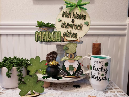 Leprechaun Gnome St. Patricks Day Tiered Tray Set With Pot of Gold Shaker!