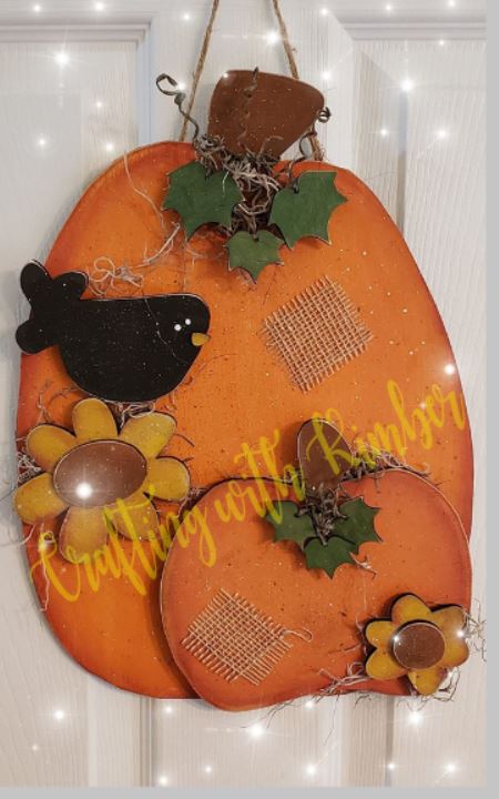 Double Pumpkin with flowers and bird door hanger kit, Pumpkins, Fall, Halloween, Autumn, Flowers, Crow