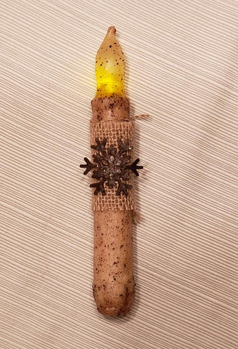 Tapered Timer Candle with Burlap and Rusty Snowflake
